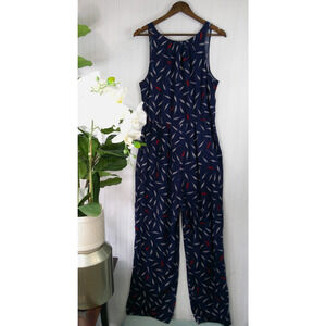 Maison Jules -Size Large Navy Blue Feather Print Sleeveless Jumpsuit